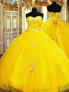 Sexy Gold Lace Up Sweetheart Beading and Appliques Quinceanera Dresses Organza Sleeveless