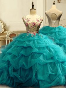 Fantastic Teal Vestidos de Quinceanera Military Ball and Sweet 16 and Quinceanera with Appliques and Ruffles and Sequins Scoop Sleeveless Lace Up