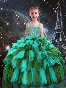 Best Turquoise Sleeveless Floor Length Beading and Ruffles Lace Up Pageant Gowns For Girls