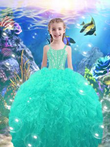 Turquoise Pageant Gowns For Girls Quinceanera and Wedding Party with Beading Straps Sleeveless Lace Up
