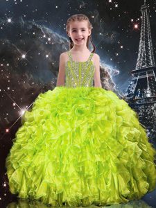 Wonderful Sleeveless Floor Length Beading and Ruffles Lace Up Little Girl Pageant Dress with Yellow Green