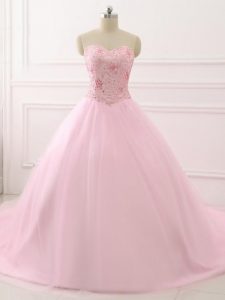 Attractive Brush Train Ball Gowns Ball Gown Prom Dress Baby Pink Sweetheart Tulle Sleeveless Lace Up