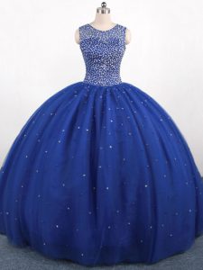 Royal Blue Ball Gowns Beading Ball Gown Prom Dress Zipper Tulle Sleeveless Floor Length