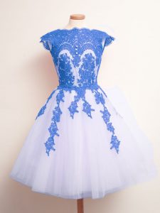 Cheap Blue And White Tulle Lace Up Scalloped Sleeveless Knee Length Court Dresses for Sweet 16 Appliques