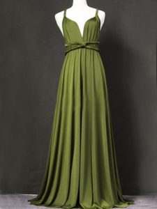 Ruching Damas Dress Olive Green Criss Cross Sleeveless Floor Length