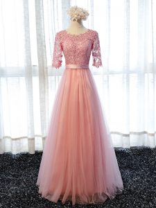 Custom Design Pink Scoop Neckline Lace Dama Dress Half Sleeves Lace Up