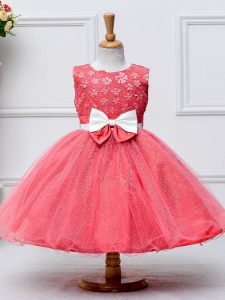 Sleeveless Tulle Knee Length Zipper Little Girl Pageant Gowns in Coral Red with Lace and Bowknot