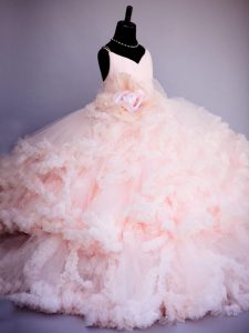 On Sale Tulle Sleeveless Pageant Gowns For Girls Brush Train and Ruffles and Hand Made Flower