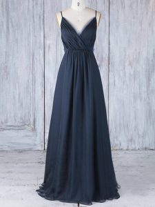 Cute Empire Damas Dress Navy Blue Spaghetti Straps Chiffon Sleeveless Floor Length Backless