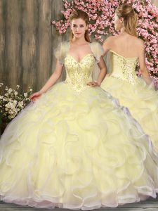 Decent Light Yellow Lace Up Sweetheart Beading and Ruffles Quinceanera Dress Tulle Sleeveless