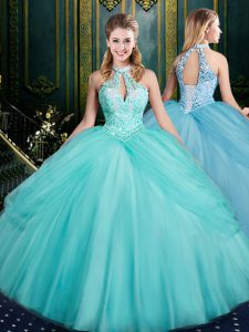 Pretty Aqua Blue Halter Top Lace Up Beading and Pick Ups Quinceanera Gowns Sleeveless