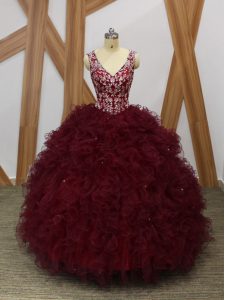 Sophisticated Burgundy Sleeveless Organza Backless Quince Ball Gowns for Military Ball and Sweet 16 and Quinceanera