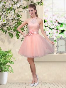 Pretty Peach Sleeveless Tulle Lace Up Damas Dress for Prom and Party