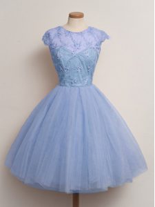Eye-catching Blue Tulle Lace Up Scoop Cap Sleeves Knee Length Quinceanera Court of Honor Dress Lace