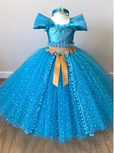 Lovely Tulle Cap Sleeves Floor Length Little Girls Pageant Dress Wholesale and Sequins and Belt