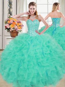 Elegant Sweetheart Sleeveless Quince Ball Gowns Floor Length Beading and Ruffles Turquoise Organza