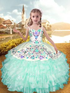 Eye-catching Apple Green Sleeveless Floor Length Embroidery and Ruffled Layers Lace Up Little Girls Pageant Dress Wholesale