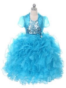 Hot Sale Scoop Sleeveless Child Pageant Dress Floor Length Ruffles and Sequins and Bowknot Baby Blue Organza