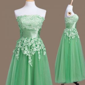 Customized Tulle Strapless Sleeveless Lace Up Appliques Court Dresses for Sweet 16 in Green