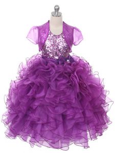 Elegant Organza Scoop Sleeveless Lace Up Ruffles and Sequins and Bowknot Kids Pageant Dress in Purple