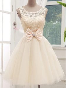 Knee Length Champagne Quinceanera Court of Honor Dress Tulle Sleeveless Lace and Bowknot