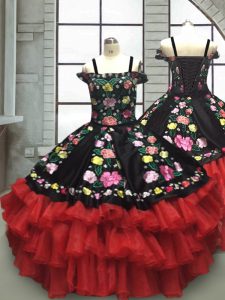 Red And Black Lace Up Off The Shoulder Embroidery and Ruffled Layers Little Girls Pageant Dress Organza Sleeveless