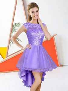 Artistic Lavender A-line Beading and Lace Dama Dress for Quinceanera Backless Organza Sleeveless High Low