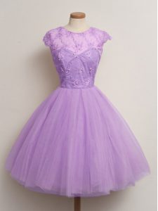 Decent Scoop Cap Sleeves Quinceanera Court Dresses Knee Length Lace Lilac Tulle