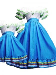 Baby Blue Taffeta Lace Up Sweet 16 Dresses Short Sleeves Floor Length Pick Ups
