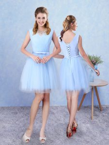Modern Aqua Blue Sleeveless Knee Length Ruching Lace Up Dama Dress for Quinceanera