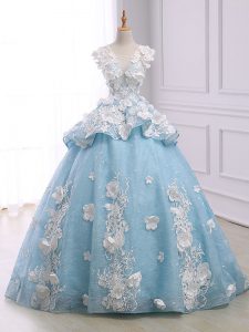 On Sale Light Blue Sleeveless Court Train Appliques Quinceanera Gowns