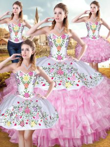 Perfect Sweetheart Sleeveless Vestidos de Quinceanera Floor Length Embroidery and Ruffled Layers Rose Pink Organza and Taffeta