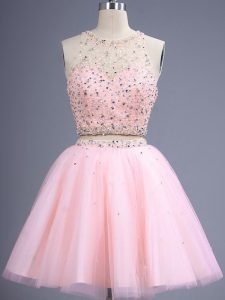 Elegant Baby Pink Two Pieces Beading Damas Dress Lace Up Tulle Sleeveless Knee Length
