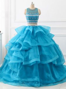 Scoop Sleeveless Brush Train Backless Quinceanera Dresses Baby Blue Tulle