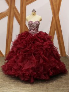 Fashion Burgundy Ball Gowns Beading and Ruffles Vestidos de Quinceanera Lace Up Organza Sleeveless