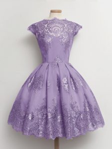 Spectacular Scalloped Cap Sleeves Lace Up Quinceanera Court of Honor Dress Lavender Lace
