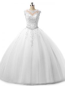 Floor Length Lace Up Sweet 16 Dresses White for Military Ball and Sweet 16 and Quinceanera with Beading and Lace