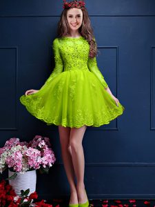 Beauteous Scalloped 3 4 Length Sleeve Lace Up Quinceanera Dama Dress Yellow Green Chiffon