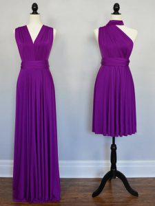Purple Empire Chiffon Halter Top Sleeveless Beading and Ruching Floor Length Lace Up Damas Dress