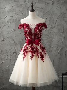 Adorable Sleeveless Tulle Knee Length Lace Up Dama Dress for Quinceanera in Champagne with Appliques and Bowknot