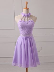 Luxurious Sleeveless Chiffon Mini Length Lace Up Quinceanera Court of Honor Dress in Lavender with Lace and Appliques