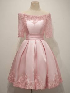 Stunning Pink Half Sleeves Lace Knee Length Dama Dress for Quinceanera