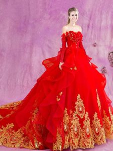 Red Tulle Lace Up Off The Shoulder Sleeveless Quinceanera Dress Court Train Appliques and Ruffles