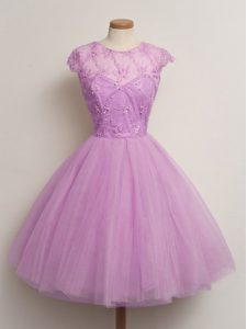 Noble Lilac Ball Gowns Scoop Cap Sleeves Tulle Knee Length Lace Up Lace Court Dresses for Sweet 16