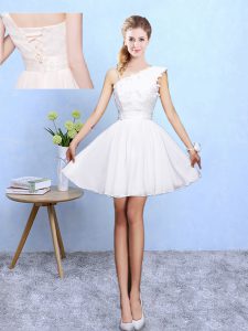 High Quality Asymmetric Sleeveless Quinceanera Dama Dress Knee Length Appliques White Chiffon