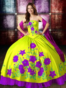 Deluxe Floor Length Yellow Green Sweet 16 Quinceanera Dress Strapless Sleeveless Lace Up