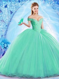 Turquoise Sweet 16 Quinceanera Dress Organza Brush Train Sleeveless Beading