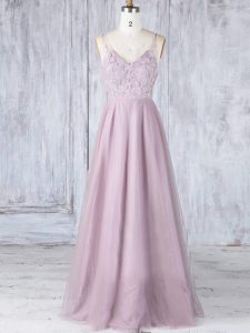 Trendy Floor Length Pink Quinceanera Court of Honor Dress V-neck Sleeveless Clasp Handle