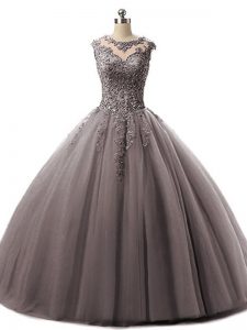 Nice Brown Tulle Lace Up Quinceanera Dress Sleeveless Floor Length Beading and Lace