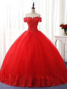 Eye-catching Floor Length Red 15 Quinceanera Dress Off The Shoulder Sleeveless Lace Up